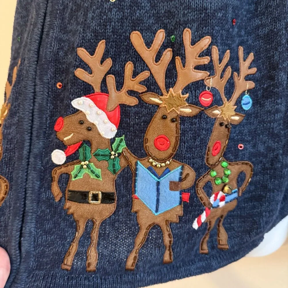 VINTAGE  Blue Christmas Sweater | Singing Reindeer & Festive Lights | Tiara - Picture 7 of 10